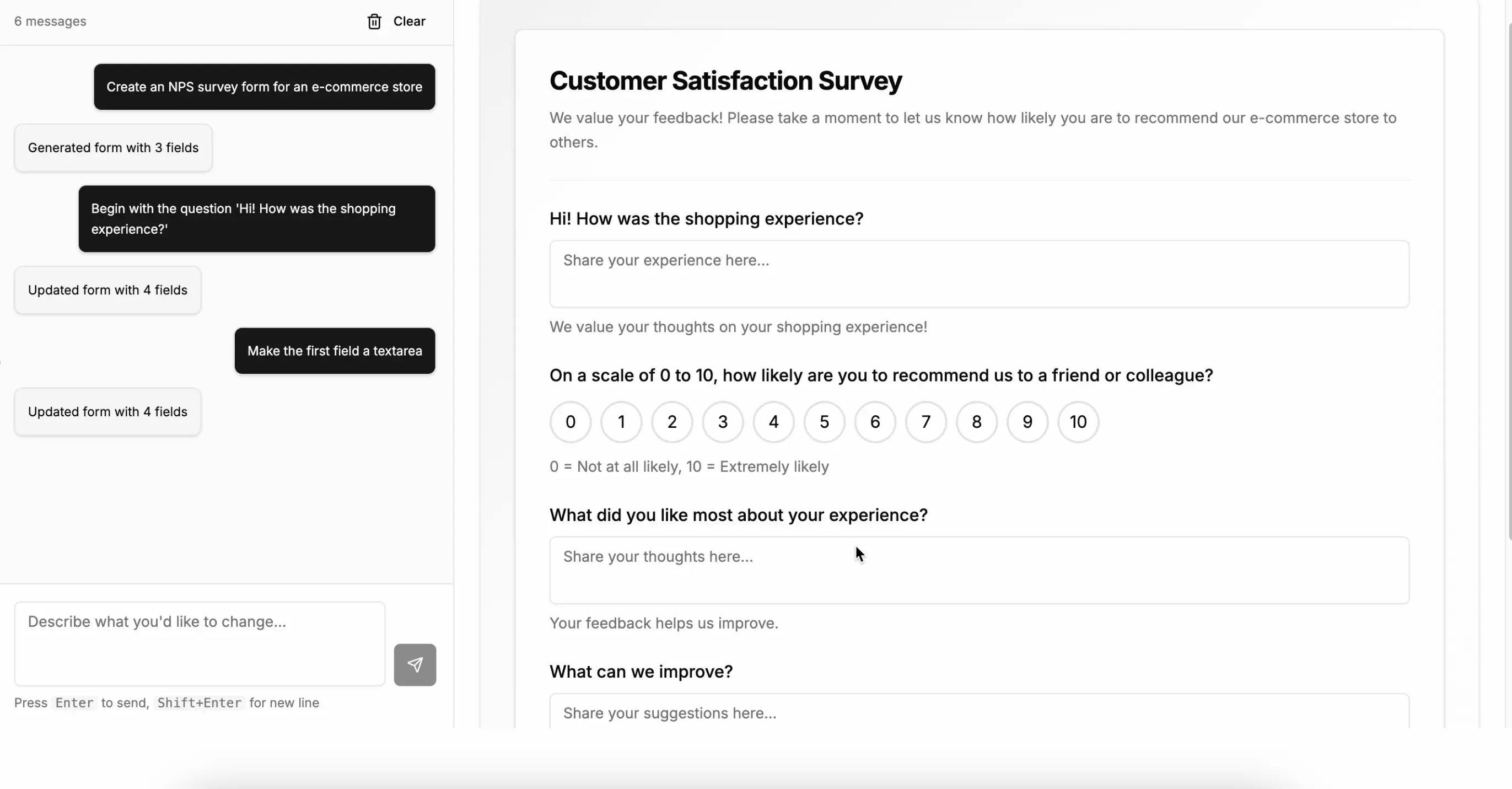 AI Form Generator chat interface showing a conversation where the AI creates a customer feedback form
