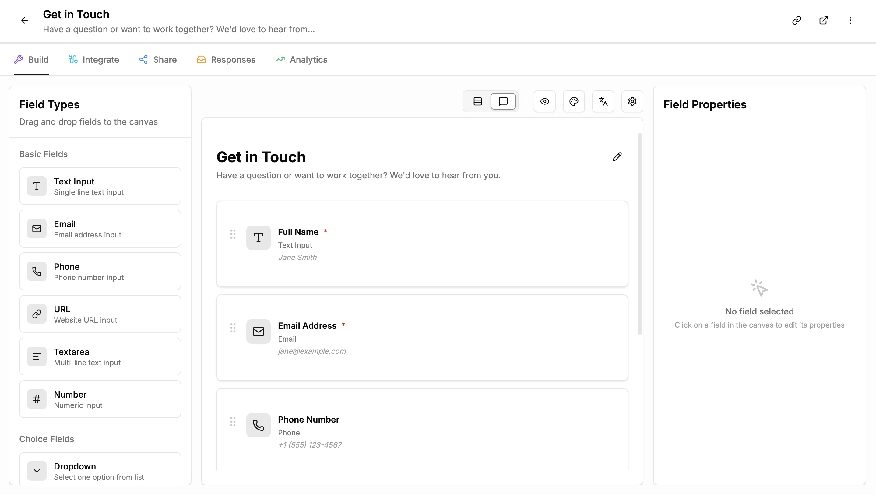 Formflux form editor showing drag-and-drop interface